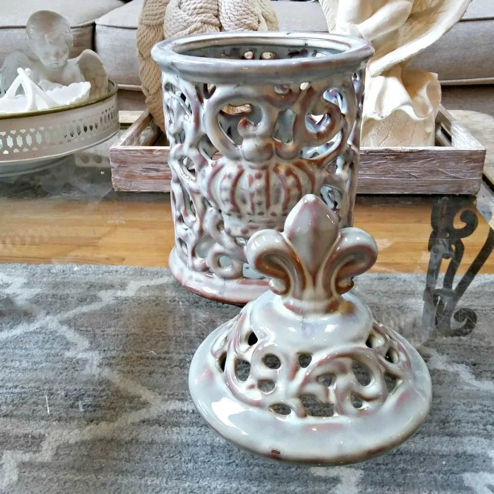 NEW! BOHO Farmhouse OPENWORK JAR DECOR W/CROWN MOTIF - Picture 3 of 4